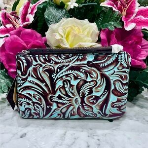 Patricia Nash Tooled Genuine leather Turquoise Capri Wristlet.